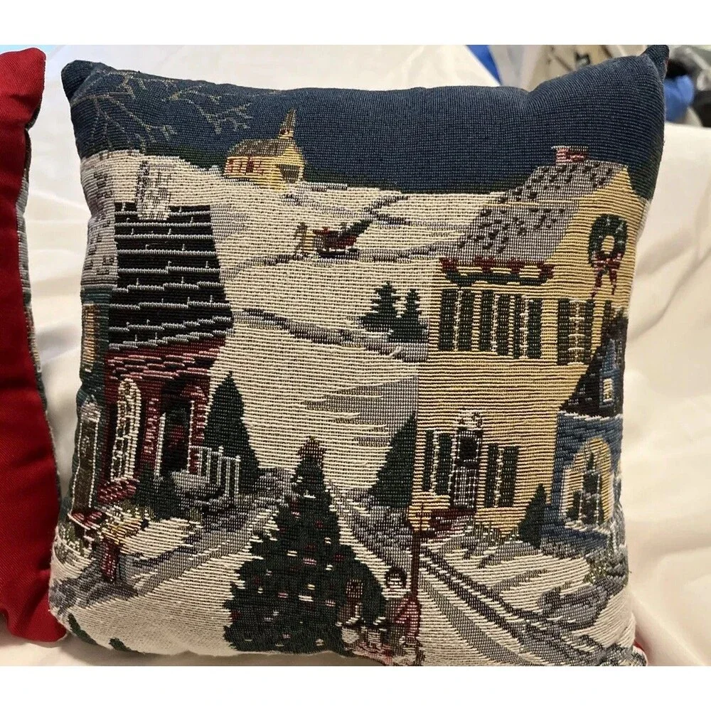 Small Town Christmas  Tapestry Square Throw Pillows 12x12”x4” (2) Vintage